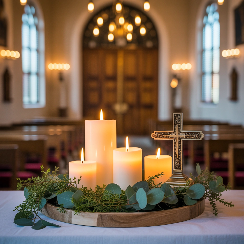 Candle and Greenery Church Entryway Table Decor