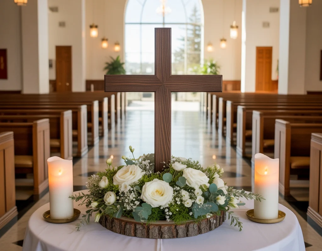 Church Entryway Table Decor With Cross Display