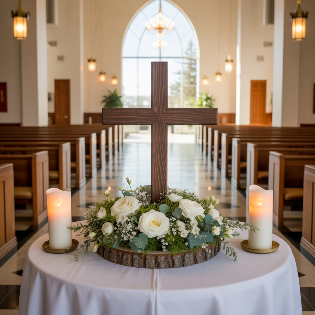 Church Entryway Table Decor With Cross Display