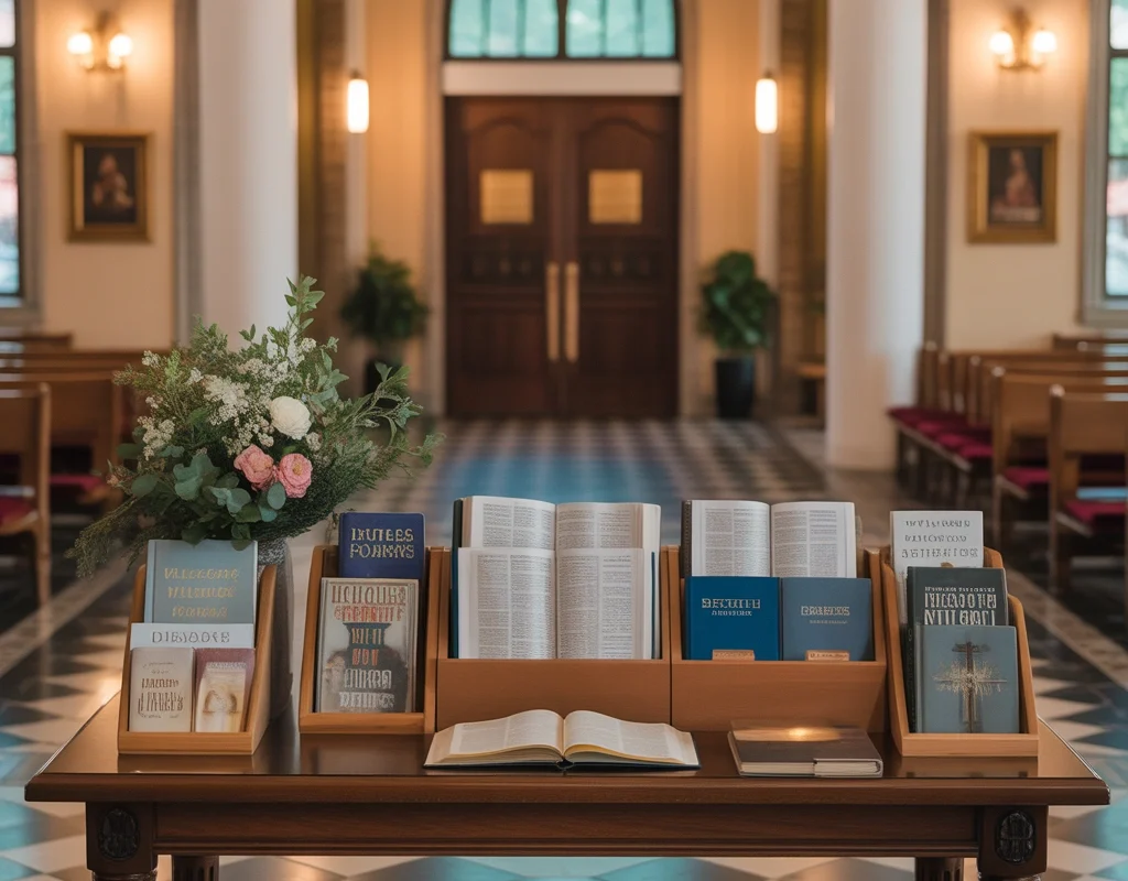 Church Entryway Table With Books and Inspirational Materials