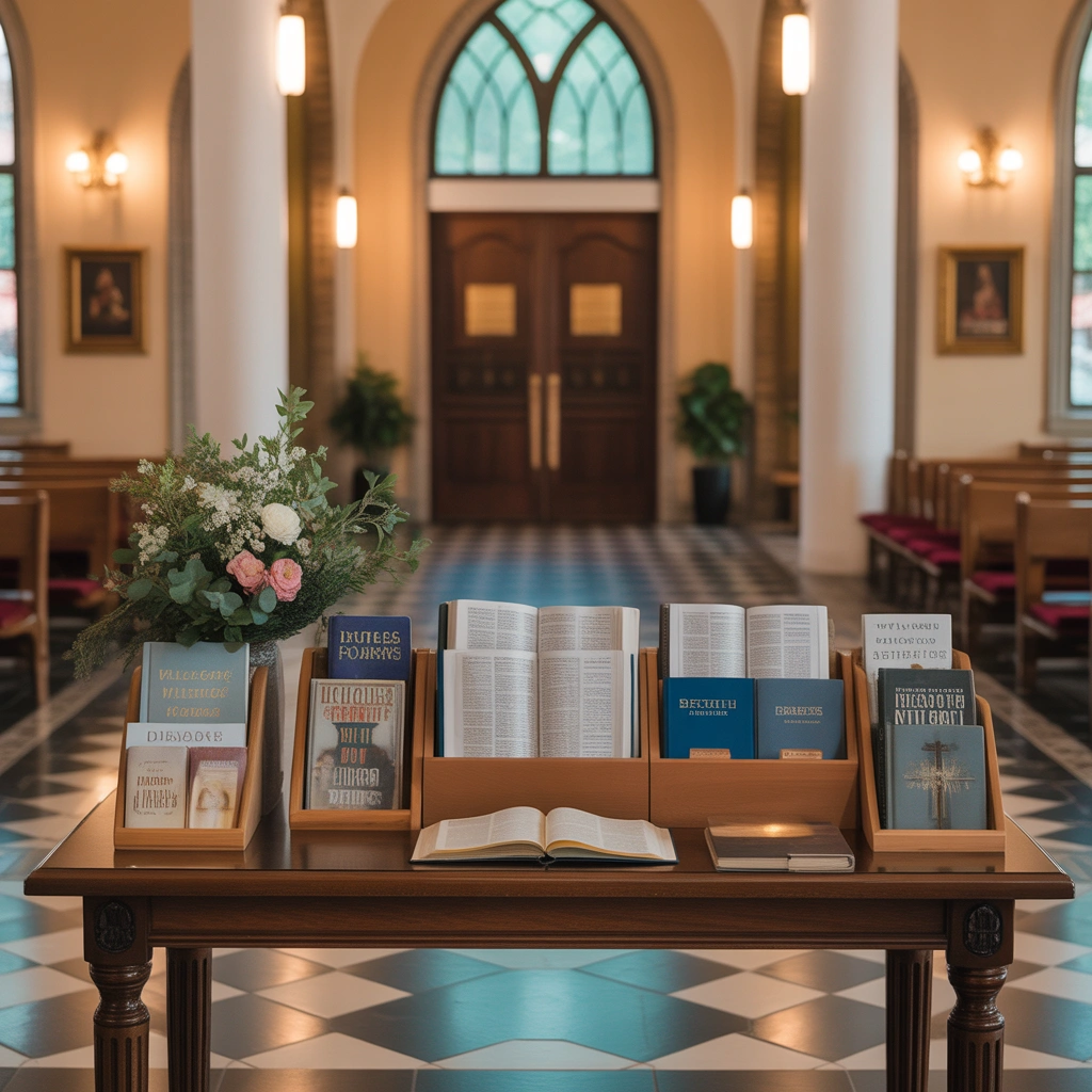 Church Entryway Table With Books and Inspirational Materials