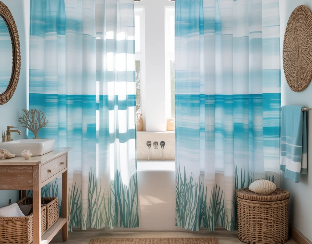 Coastal Style Two Shower Curtains for a Relaxing Beach Bathroom