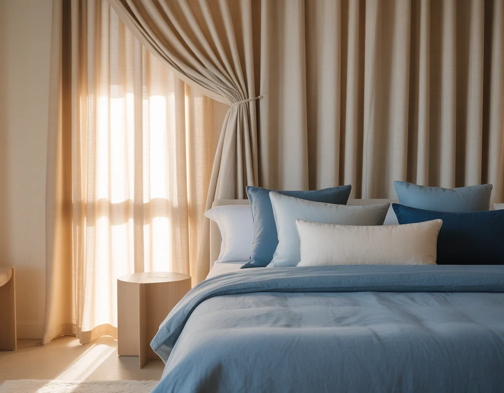 Combine Beige Curtains With Blue Bedding