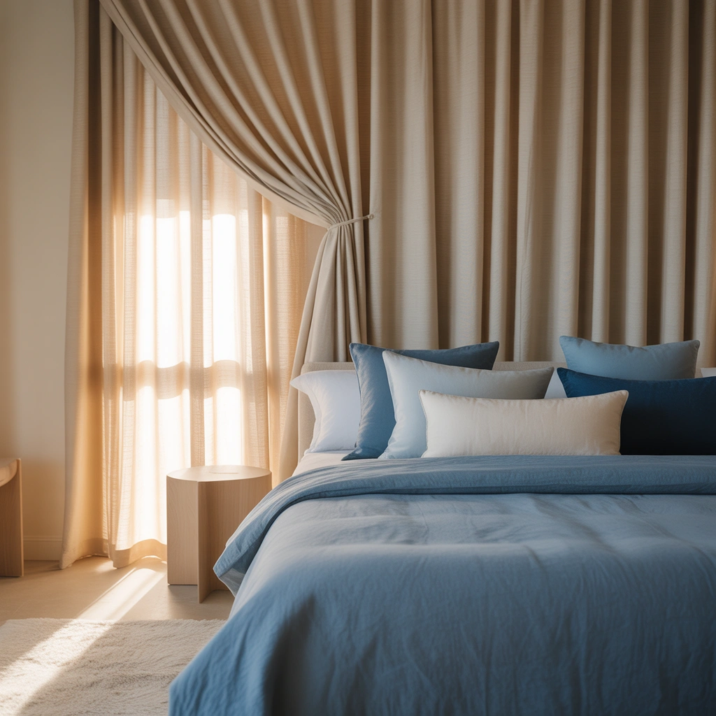 Combine Beige Curtains With Blue Bedding