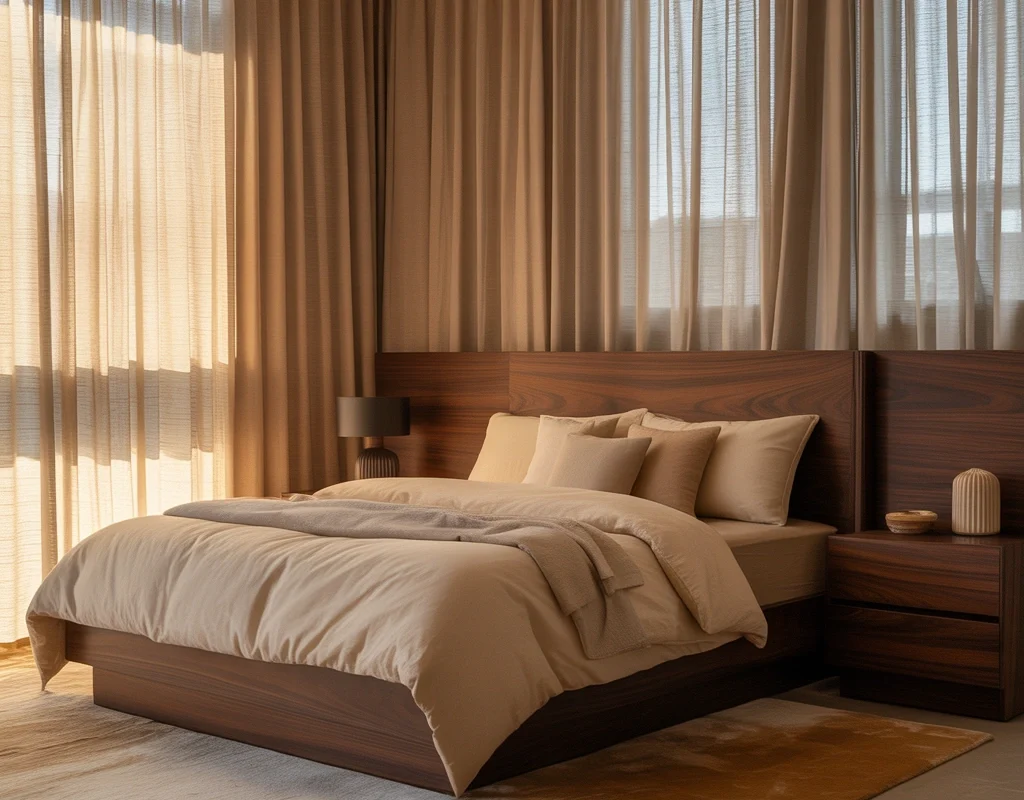 Combine Beige Curtains With Dark Brown Furniture