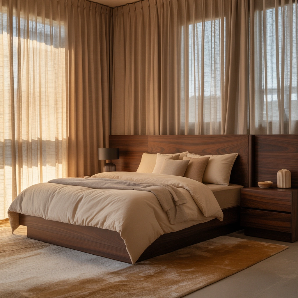 Combine Beige Curtains With Dark Brown Furniture