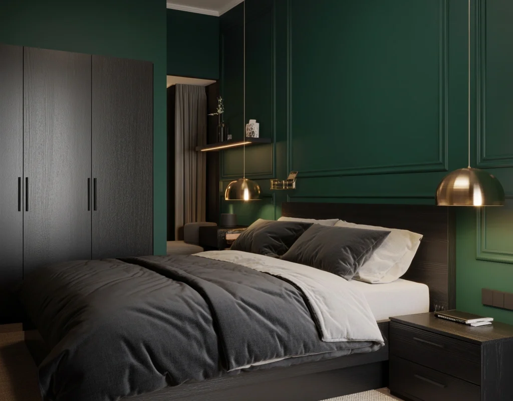 Combine Dark Green Walls With Black Wooden Furniture