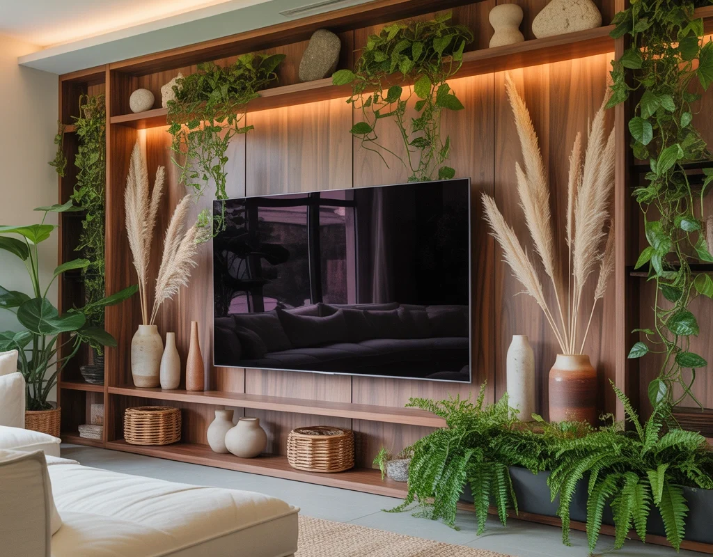Combine the TV Wall With Plants and Natural Decor