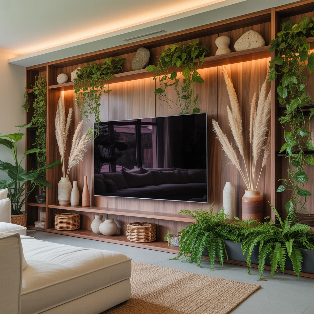 Combine the TV Wall With Plants and Natural Decor