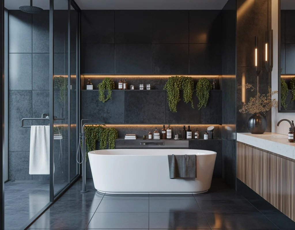 Create a Dramatic Bathroom With Dark Floor Tiles