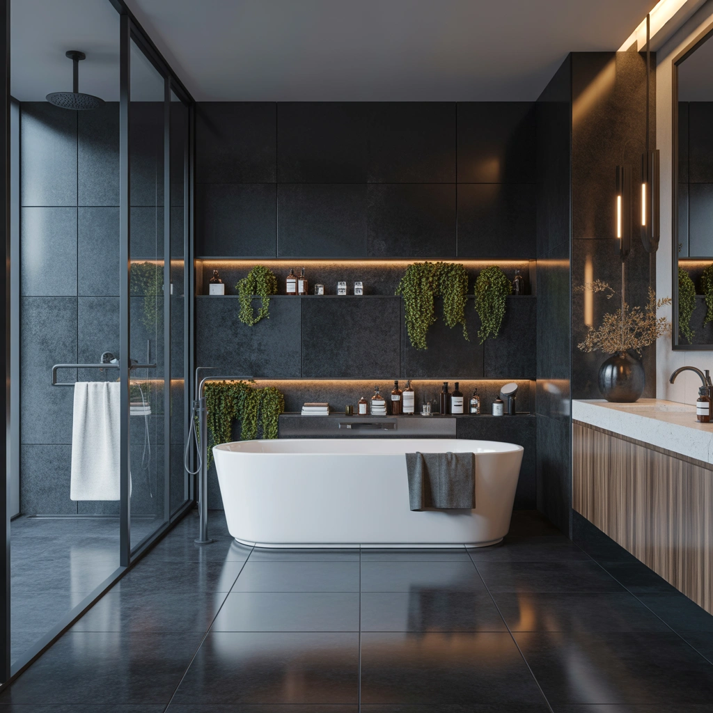 Create a Dramatic Bathroom With Dark Floor Tiles