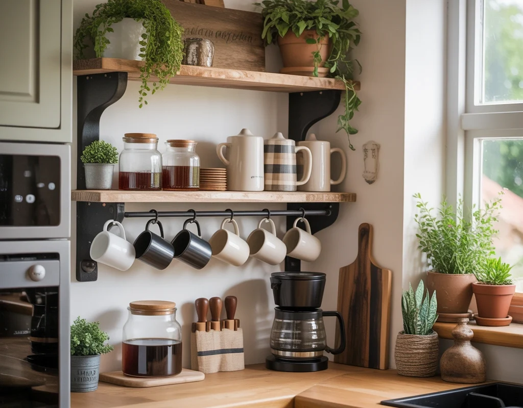 Create a Farmhouse Coffee Bar With Floating Corner Shelves for a Cozy Small Space Solution