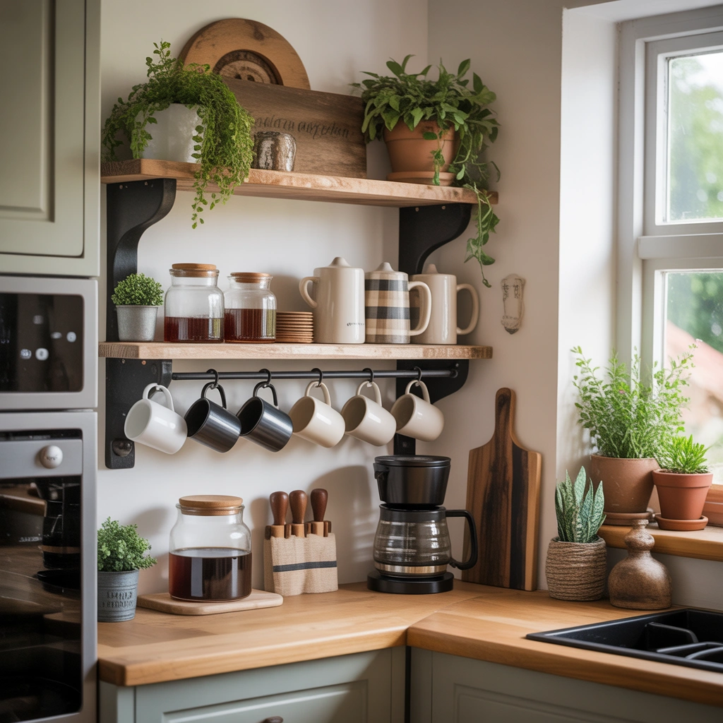 Create a Farmhouse Coffee Bar With Floating Corner Shelves for a Cozy Small Space Solution