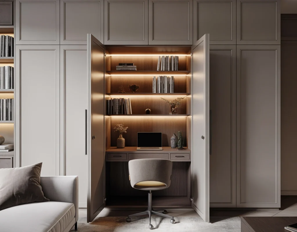 Create a Hidden Home Office Inside Built In Cabinets