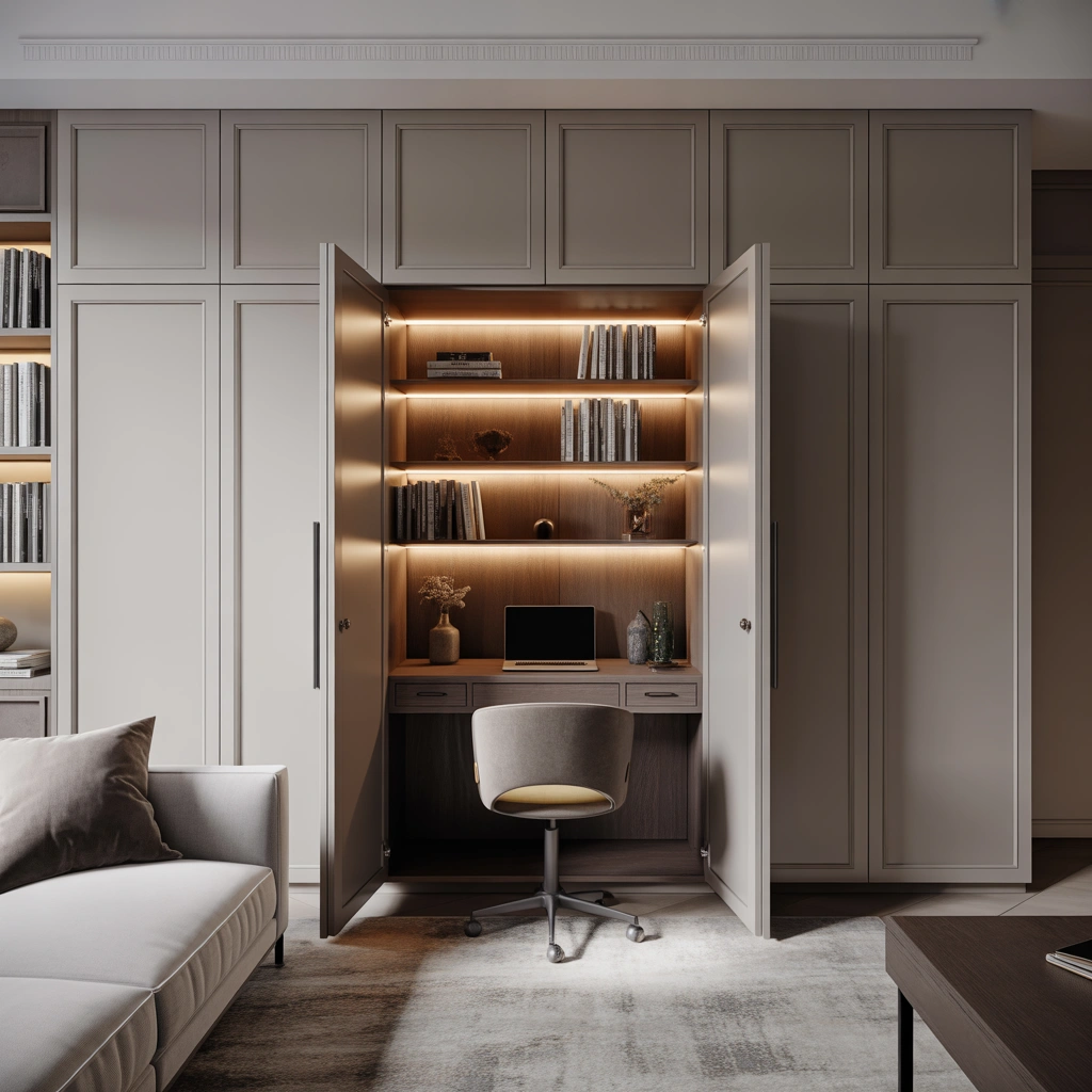 Create a Hidden Home Office Inside Built In Cabinets