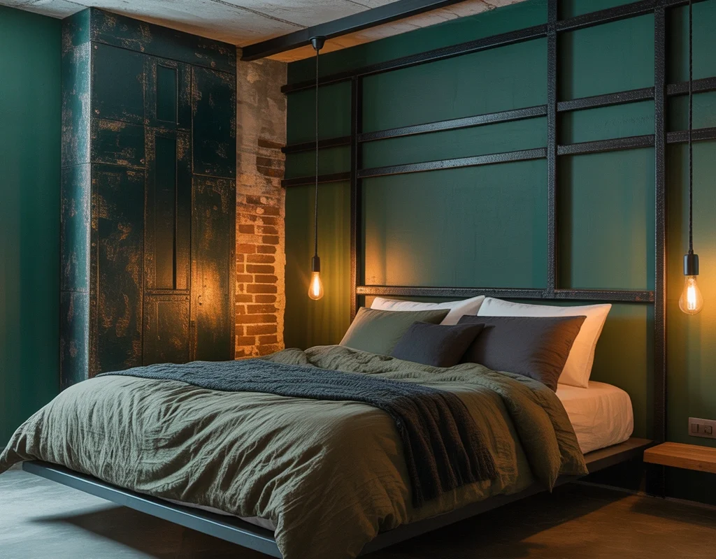 Create an Industrial Dark Green and Black Bedroom
