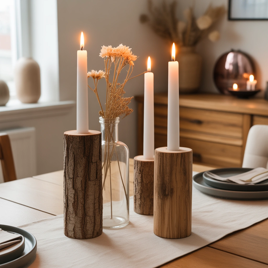 DIY Rustic Candle Holders From Wood and Natural Materials