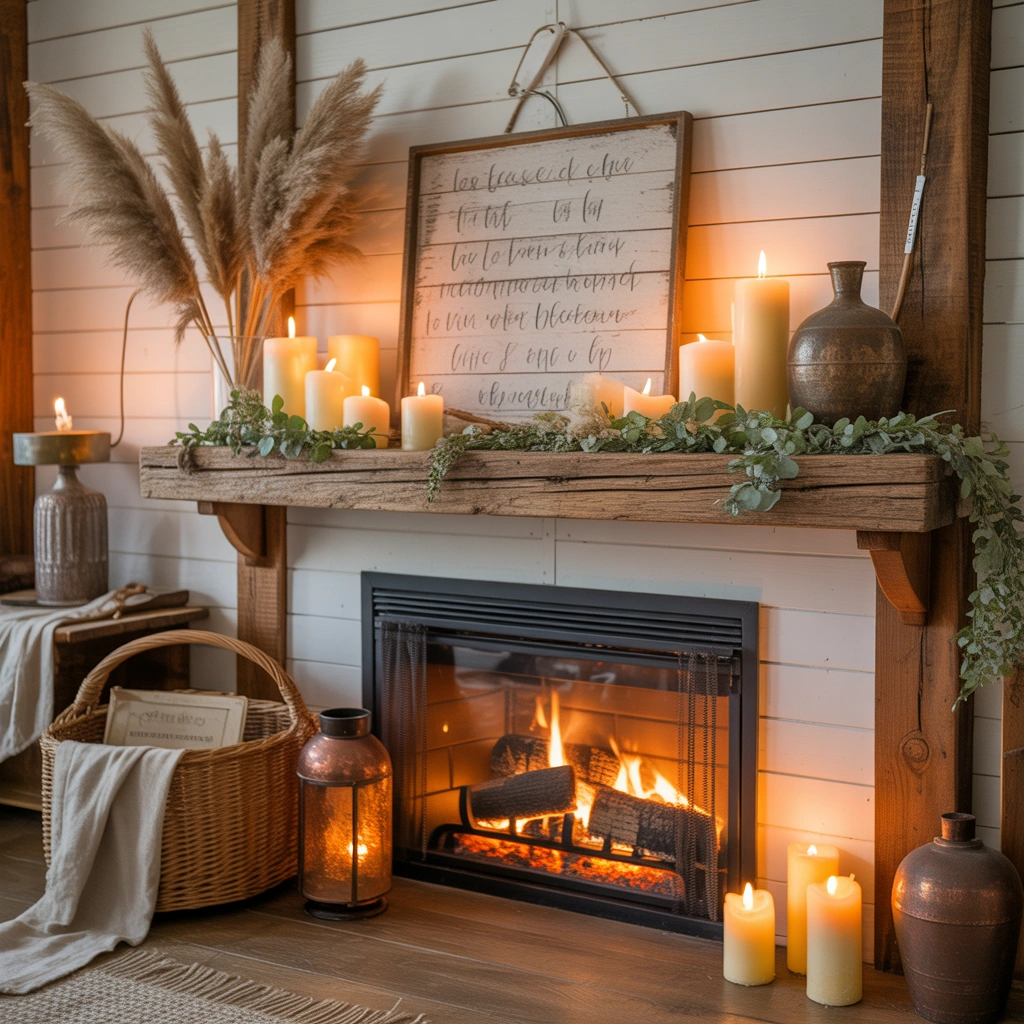 DIY Rustic Fireplace Mantel Decoration With Natural Elements