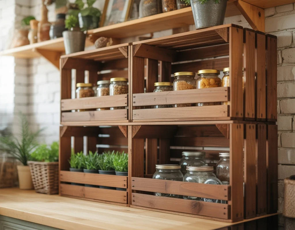 DIY Rustic Kitchen Storage With Wooden Crates