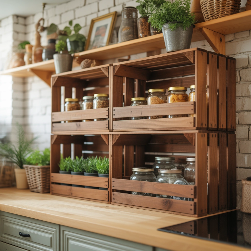 DIY Rustic Kitchen Storage With Wooden Crates