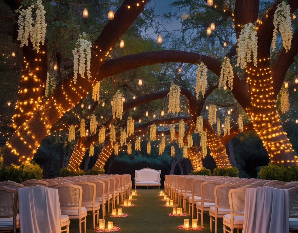 Decorate Trees With Fairy Lights and Hanging Flowers