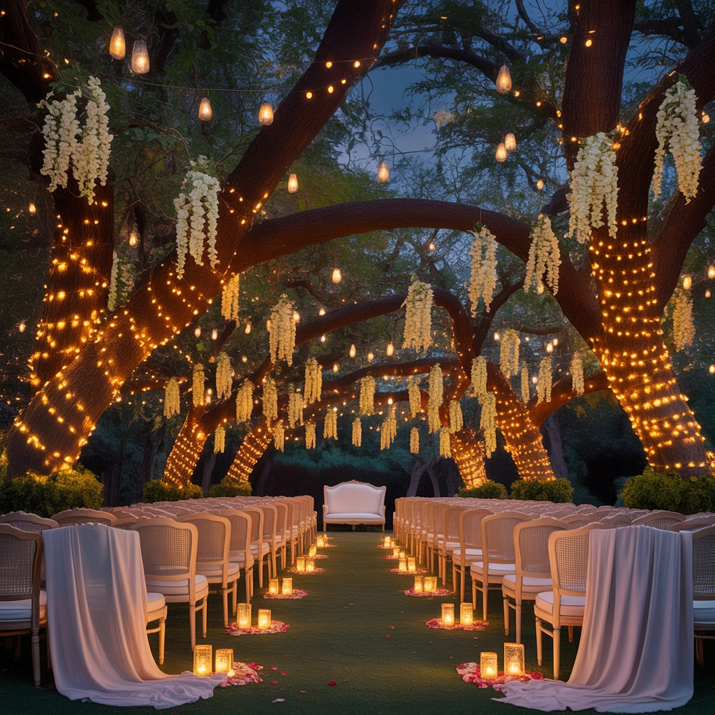 Decorate Trees With Fairy Lights and Hanging Flowers
