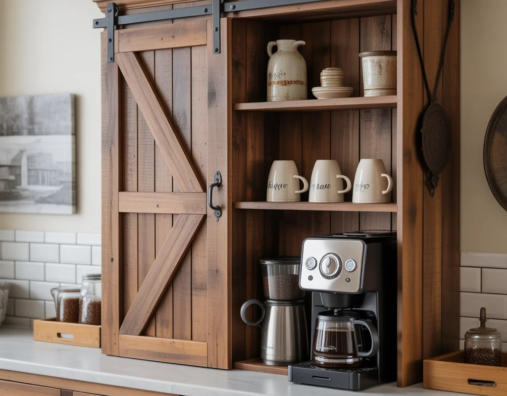 Design a Farmhouse Coffee Bar With a Sliding Barn Door Cabinet