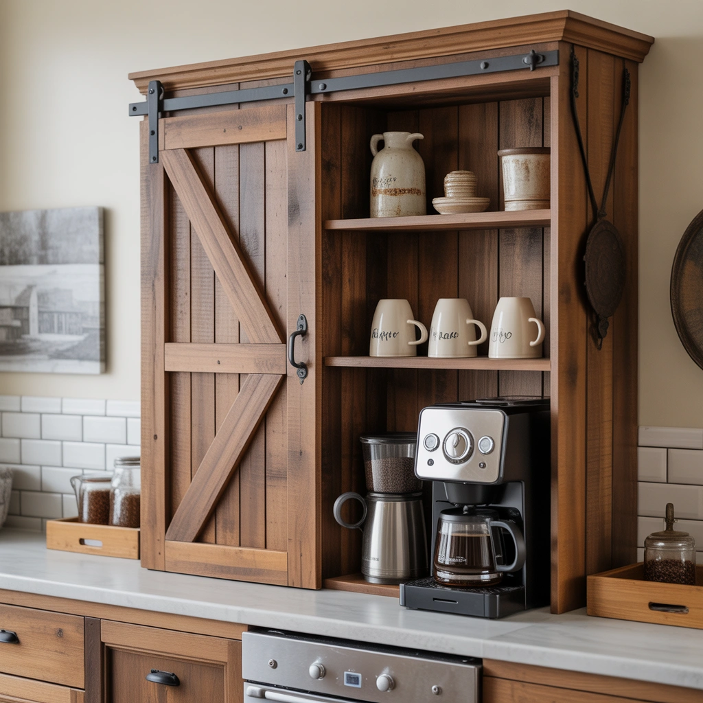 Design a Farmhouse Coffee Bar With a Sliding Barn Door Cabinet