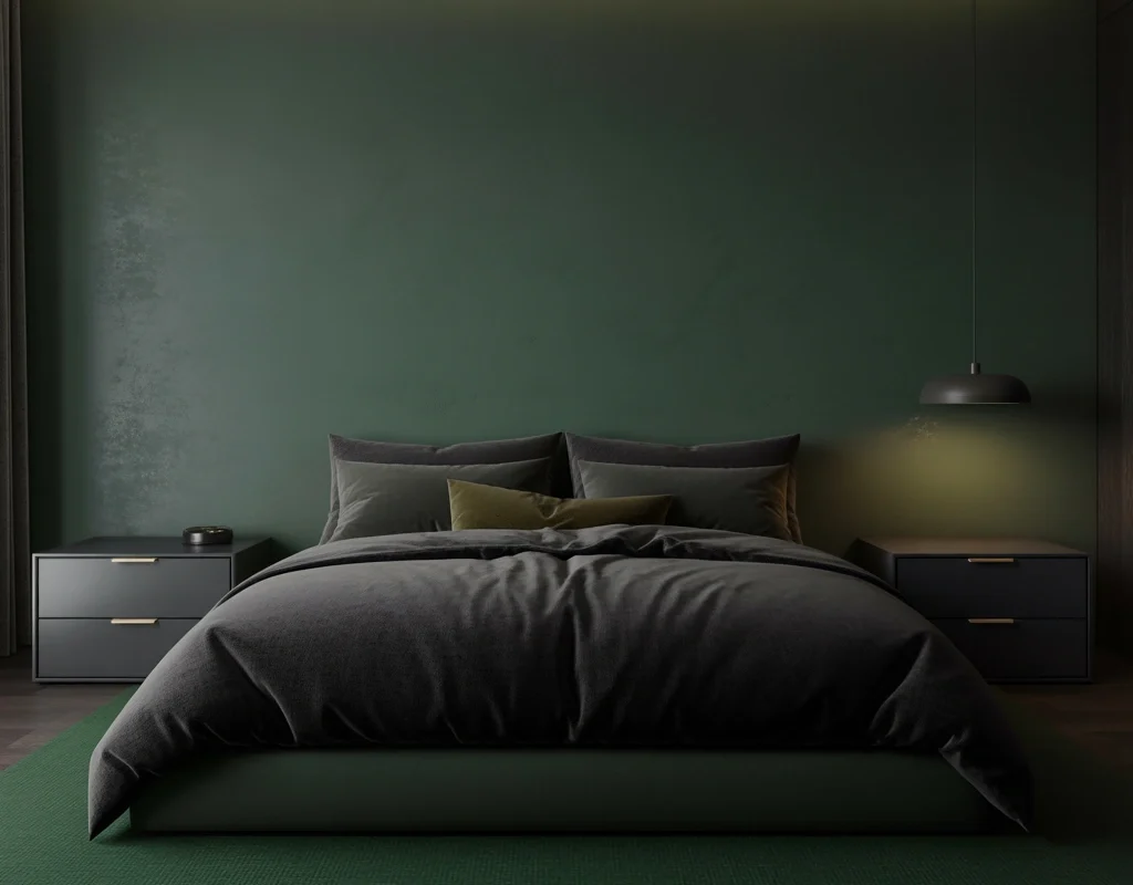 Design a Moody Dark Green and Black Minimalist Bedroom