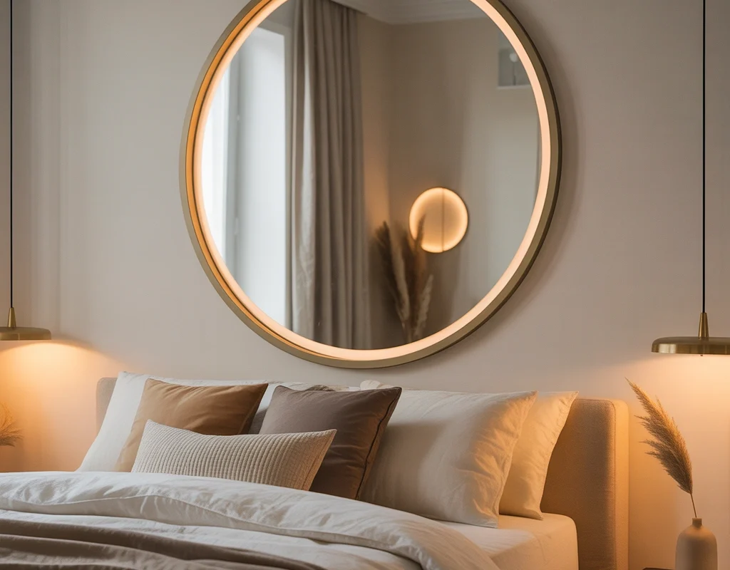 Display a Large Round Mirror Above the Bed