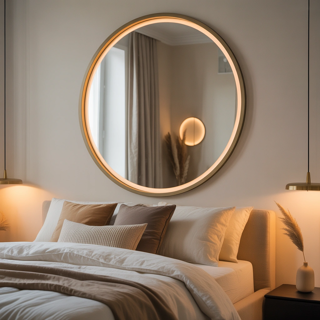 Display a Large Round Mirror Above the Bed