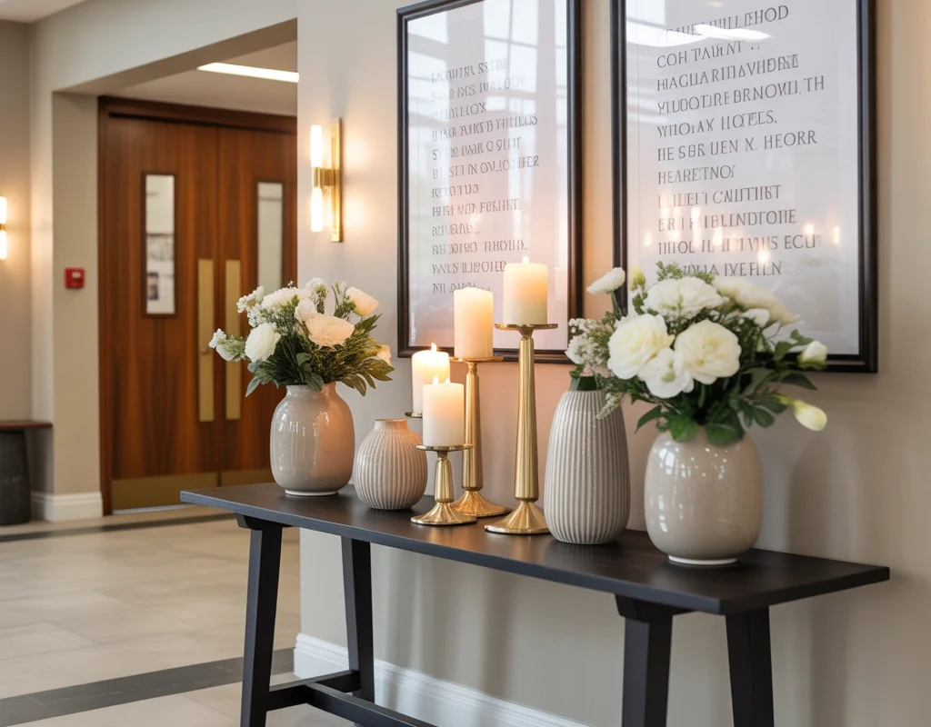 Elegant Gold and Neutral Church Entryway Table Decor