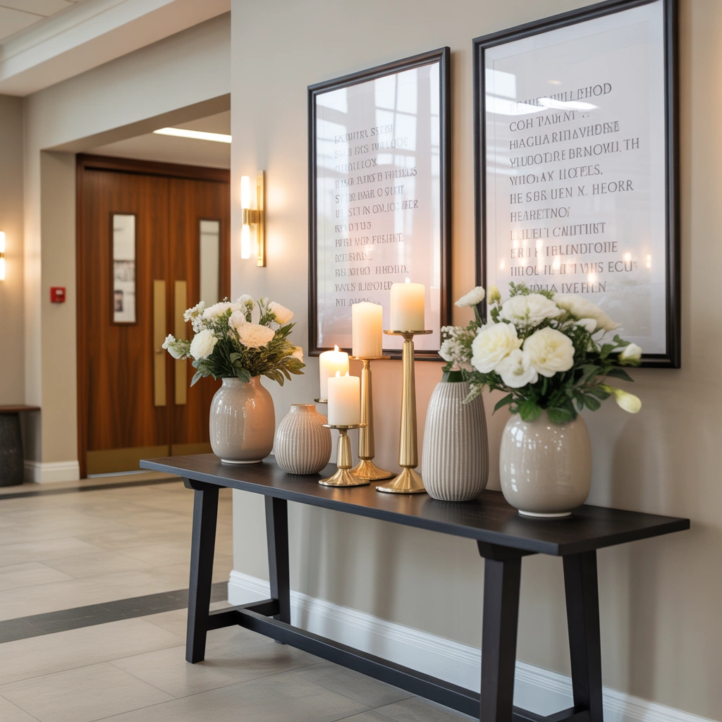 Elegant Gold and Neutral Church Entryway Table Decor