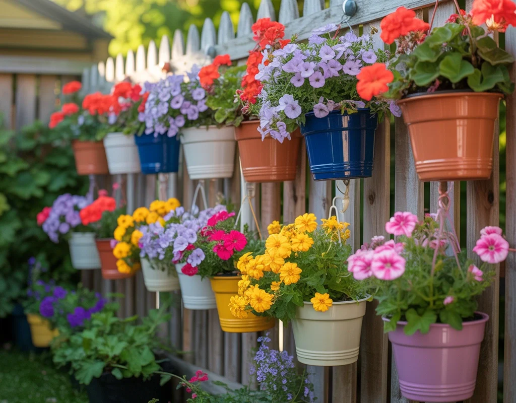 Hang Colorful Flower Pots on the Fence