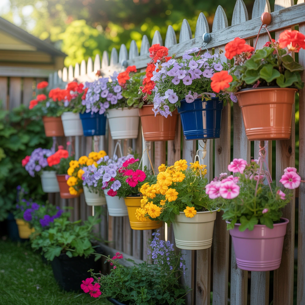 Hang Colorful Flower Pots on the Fence