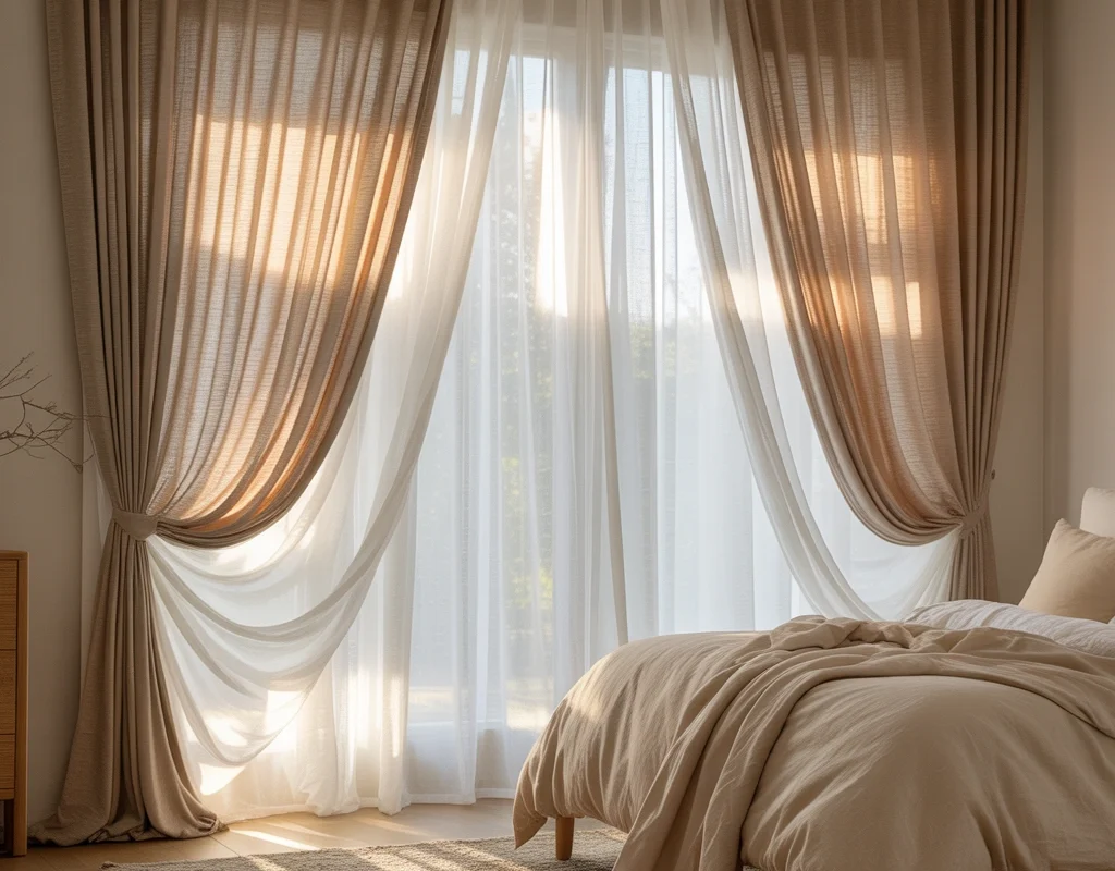 Layer Beige Curtains With White Sheers