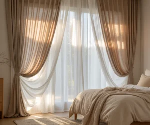 Layer Beige Curtains With White Sheers