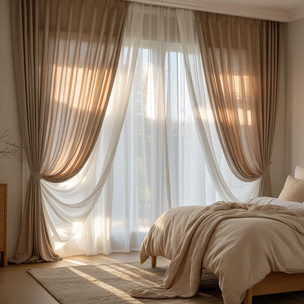 Layer Beige Curtains With White Sheers
