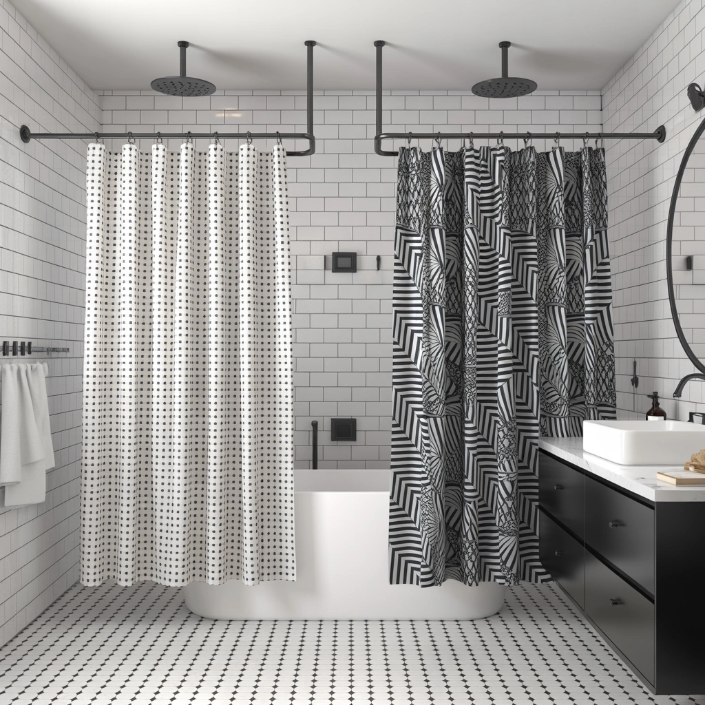 Modern Black and White Two Shower Curtain Combination