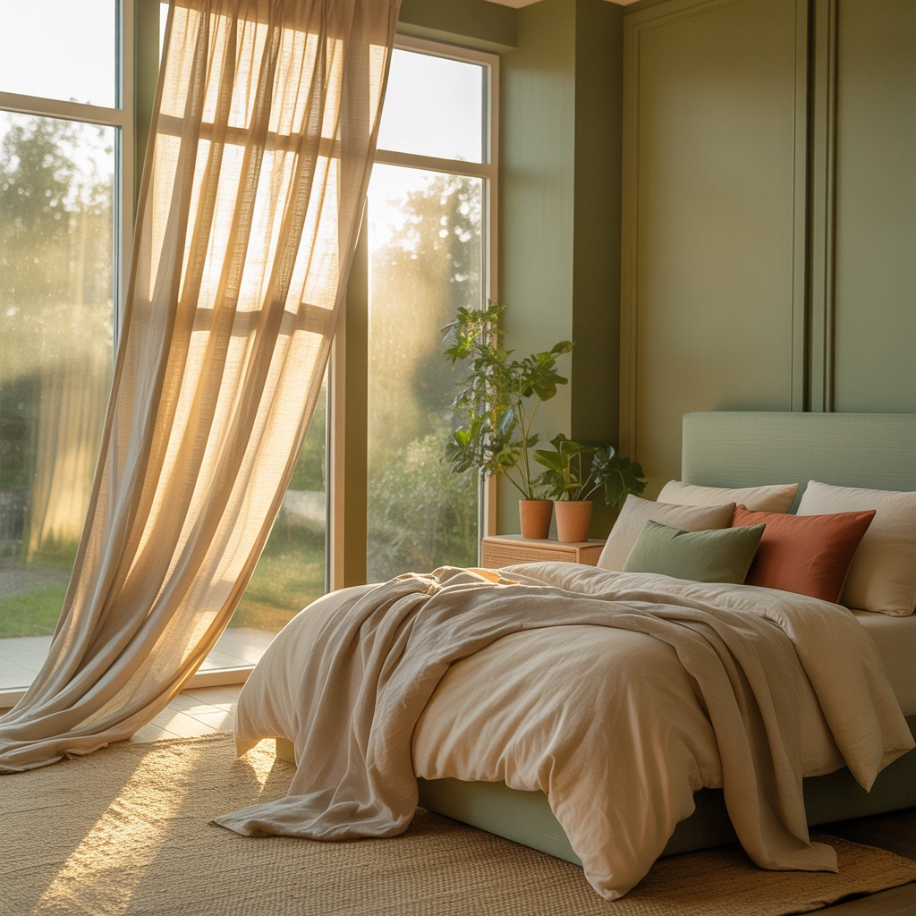 Pair Beige Curtains With Sage Green Bedroom Decor