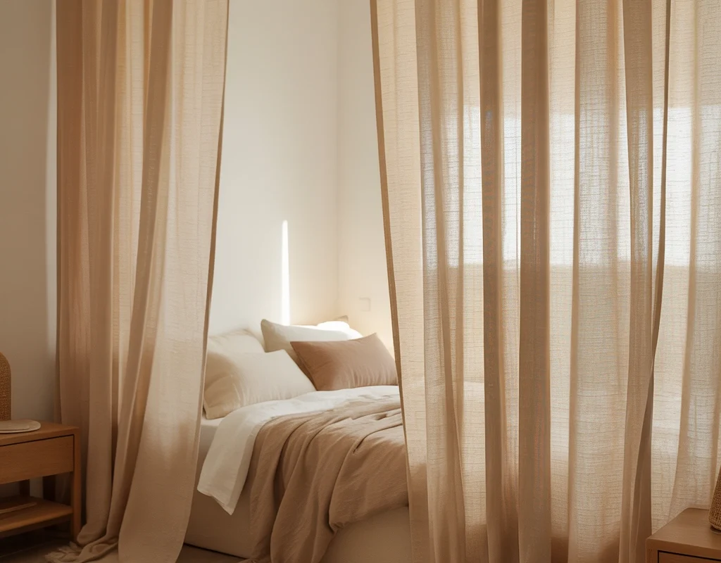 Pair Beige Linen Curtains With White Walls
