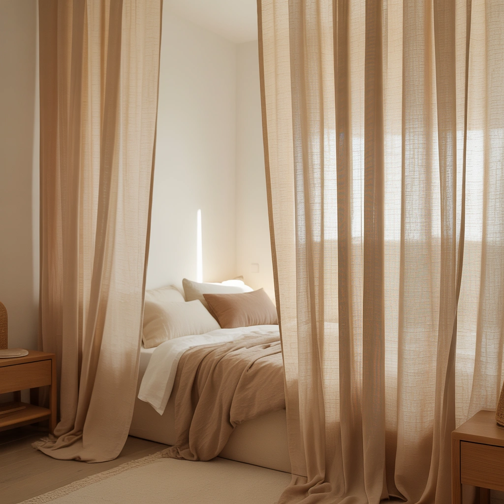 Pair Beige Linen Curtains With White Walls