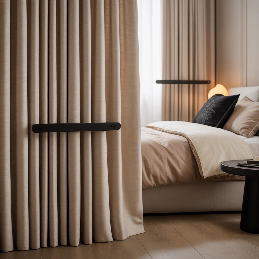 Style Beige Curtains With a Black Accent Bedroom