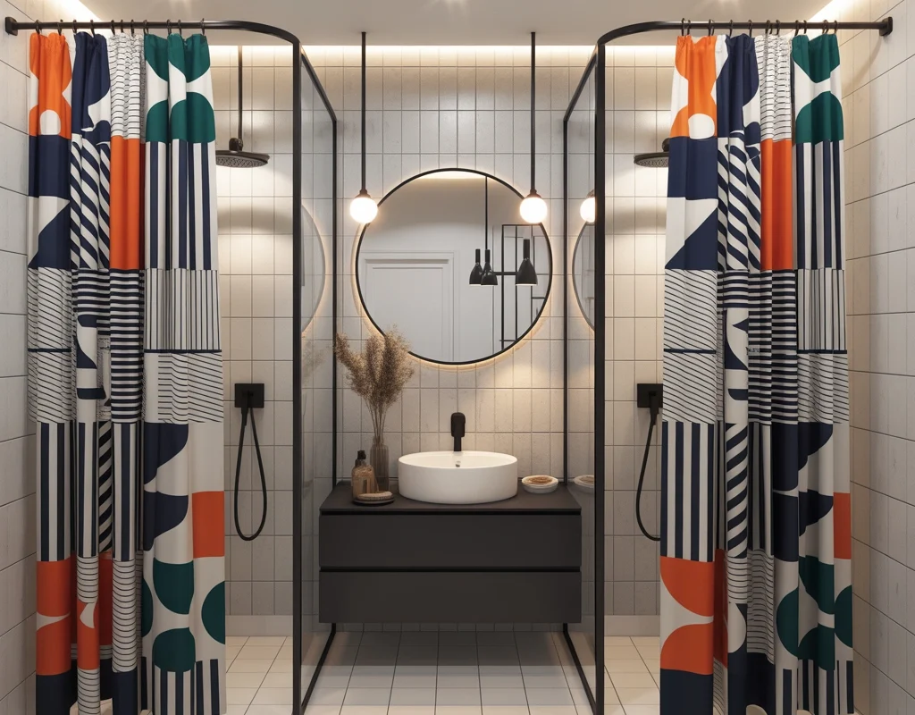 Two Shower Curtains With Bold Geometric Patterns