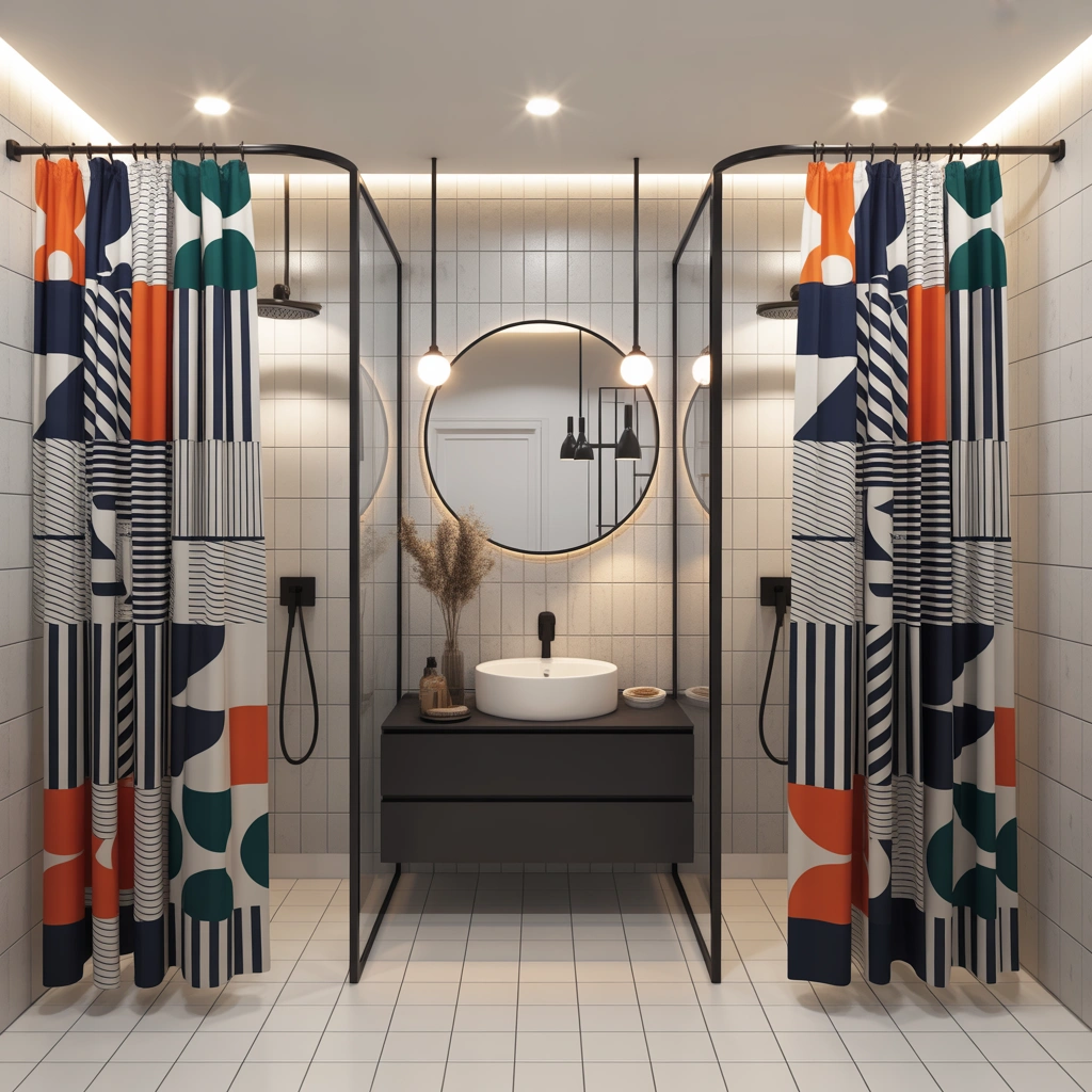 Two Shower Curtains With Bold Geometric Patterns
