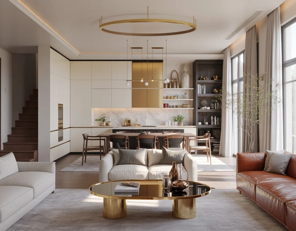 Use Chrome and Brass Throughout an Open Plan Space