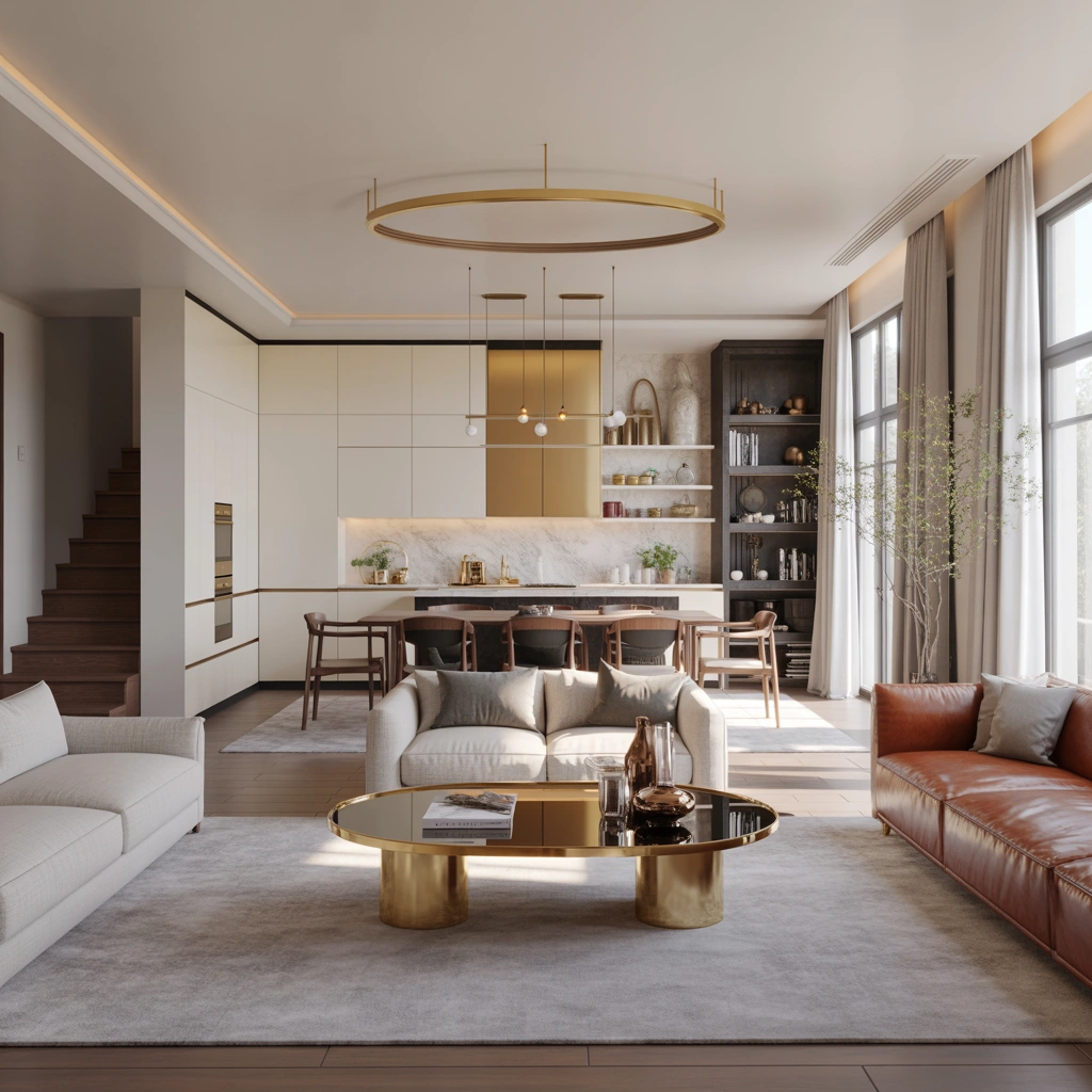 Use Chrome and Brass Throughout an Open Plan Space