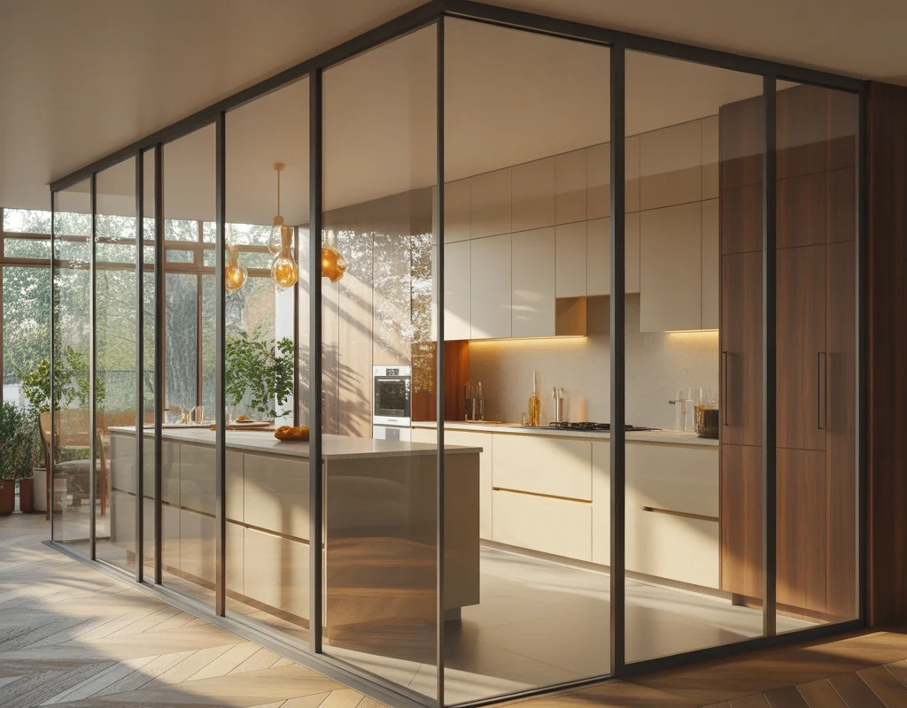 Use Glass Partitions for a Semi Open Kitchen