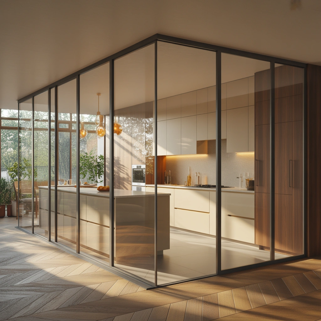 Use Glass Partitions for a Semi Open Kitchen