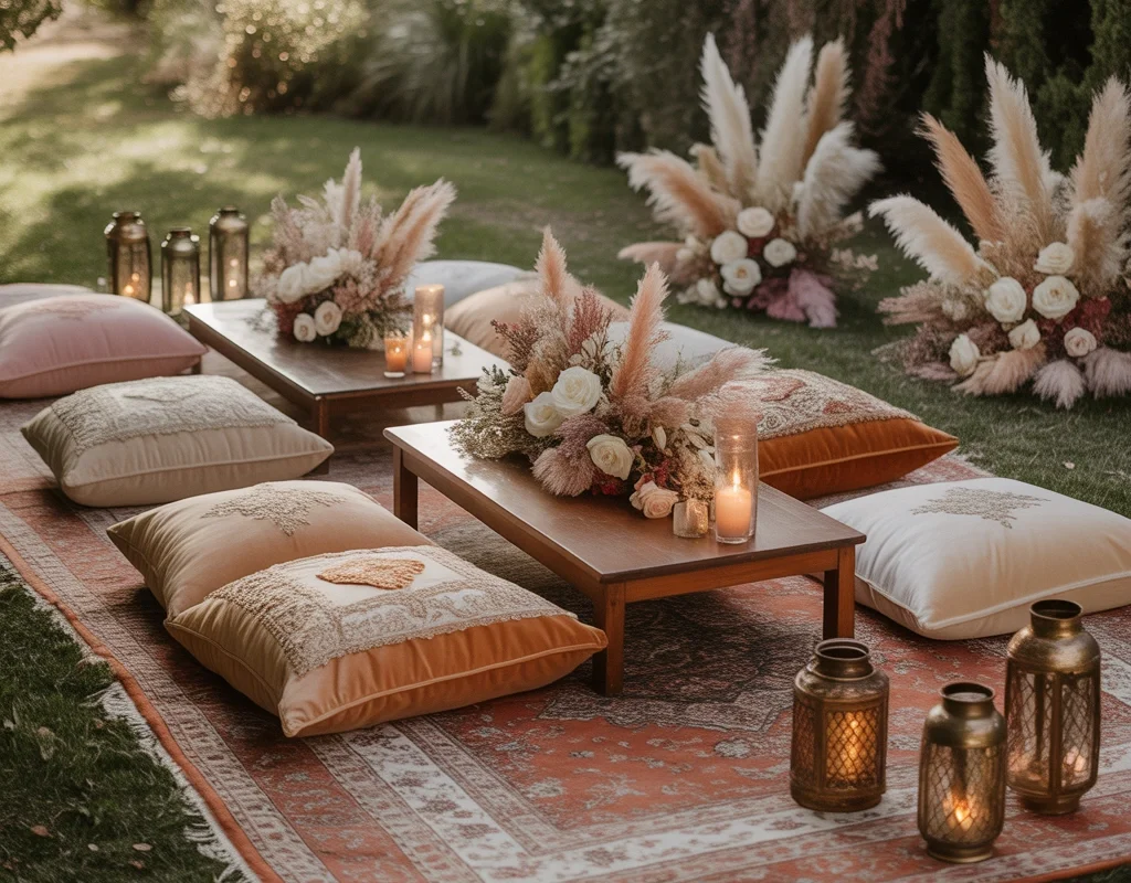 Use Rugs and Floor Seating for a Boho Nikkah